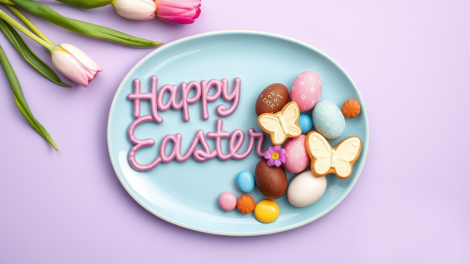 Colorful Easter treats arranged on a decorative plate with tulips on a pastel background